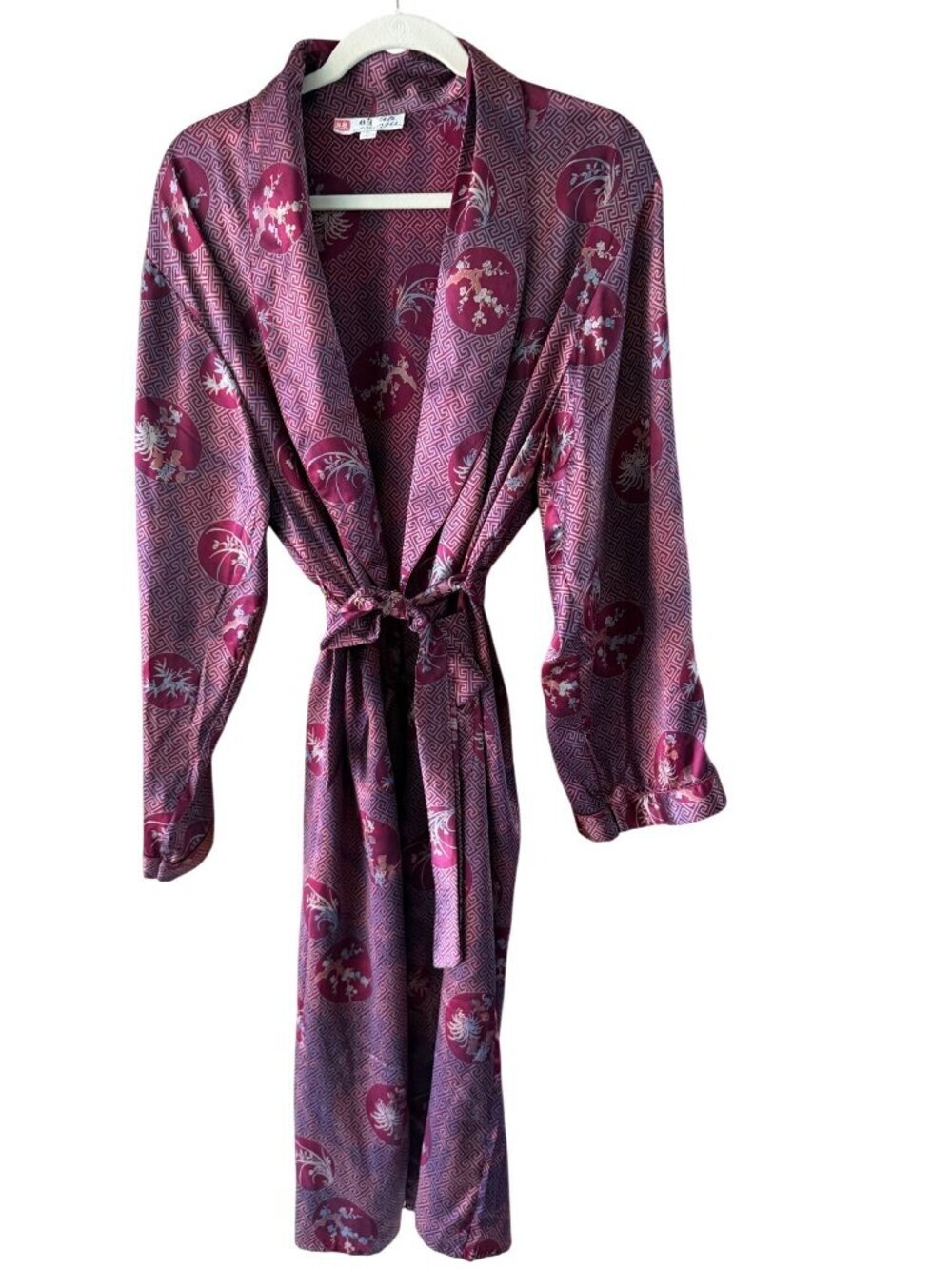 Shiya Unisex Robe Size XL Purple Silk Matching belt Self Wrap Pocket Vintage New